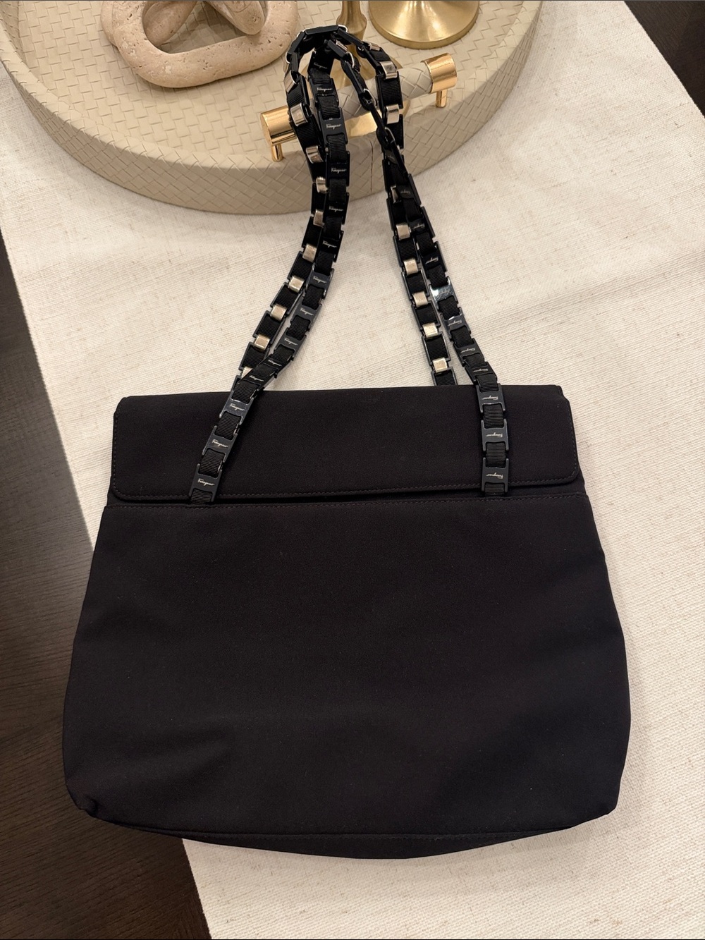 Vintage Ferragamo Classic Black Chain-Handle Shoulder Bag
